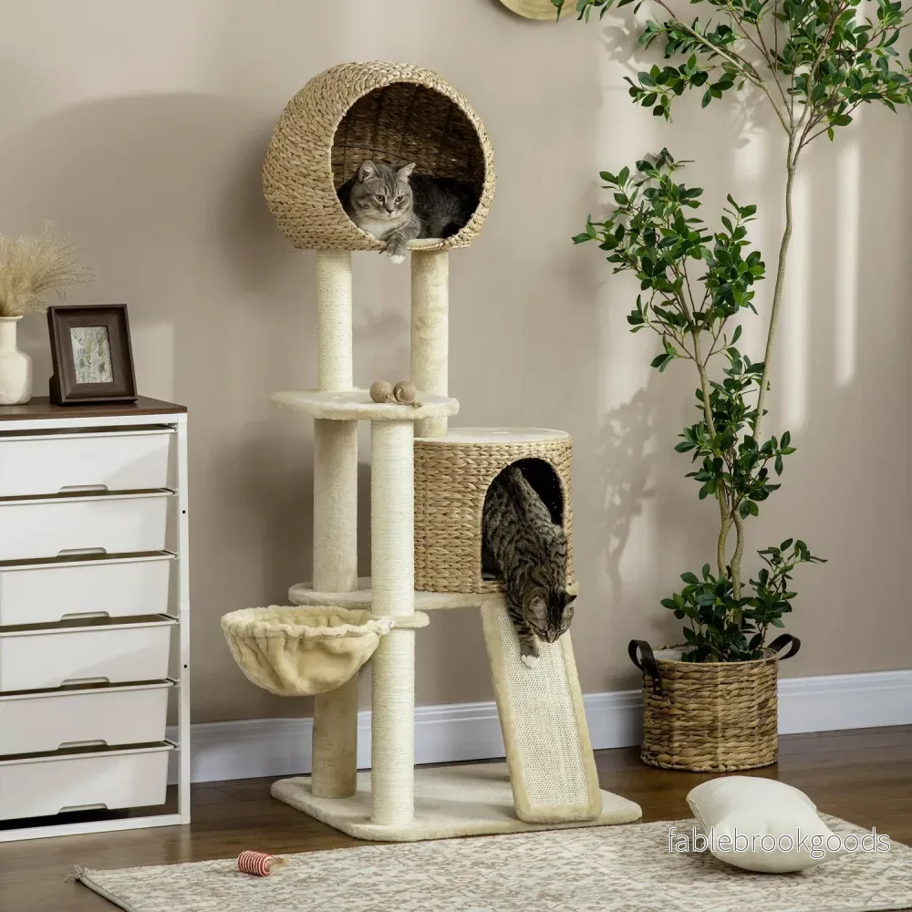 Kattskrapstolpe med rottinghus och hängmatta, beige - Bild 2