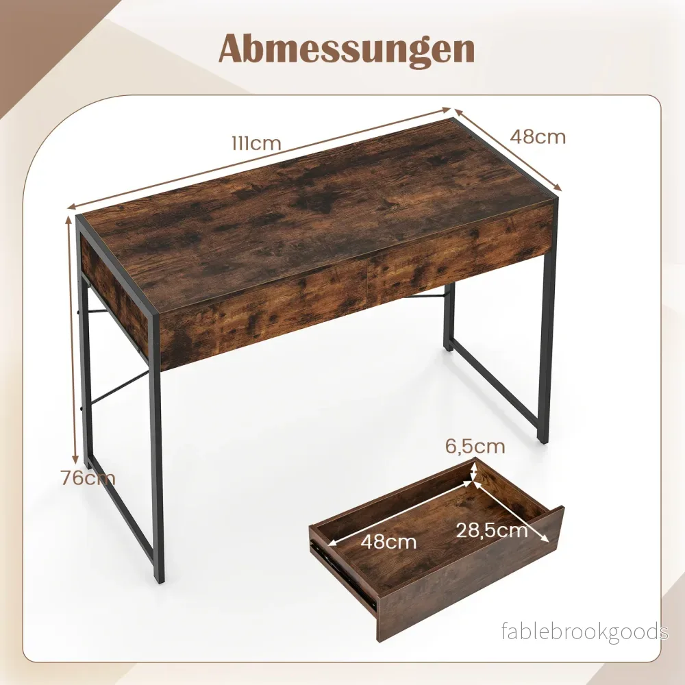 Datorbord – med lådor Kompakt skrivbord Arbetsbord Sminkbord – 2 – Rustik brun - Bild 2