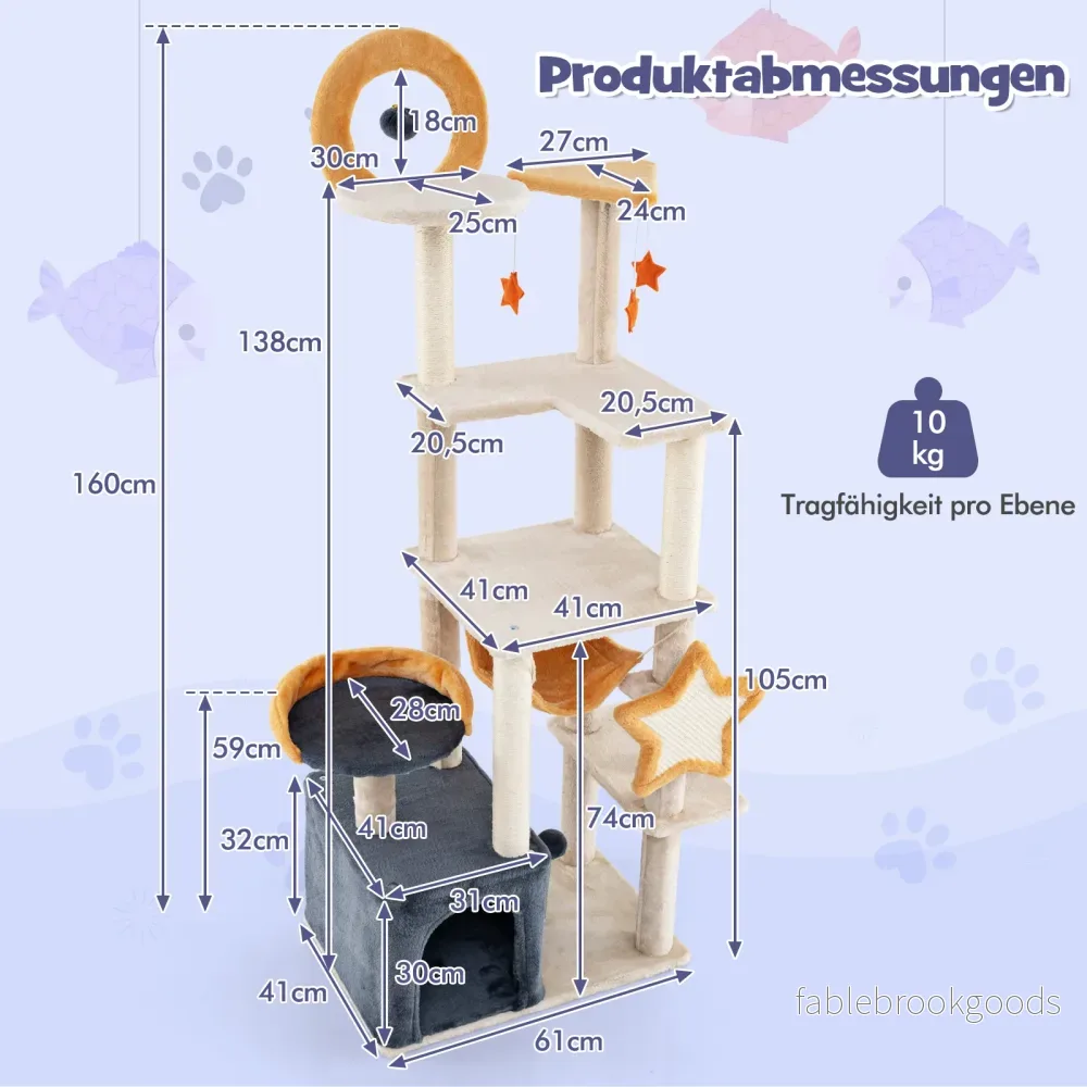 Klösträd – med sisal klösposter och bräda hus Flerstöckigt kattträd kattorn – 160 cm – Beige - Bild 2