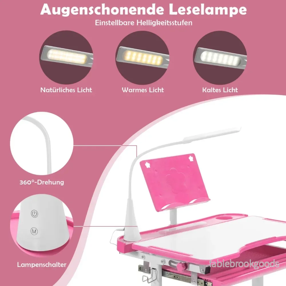 Barnbord – med bokställ och LED ljus för pojkar flickor – Rosa - Bild 3