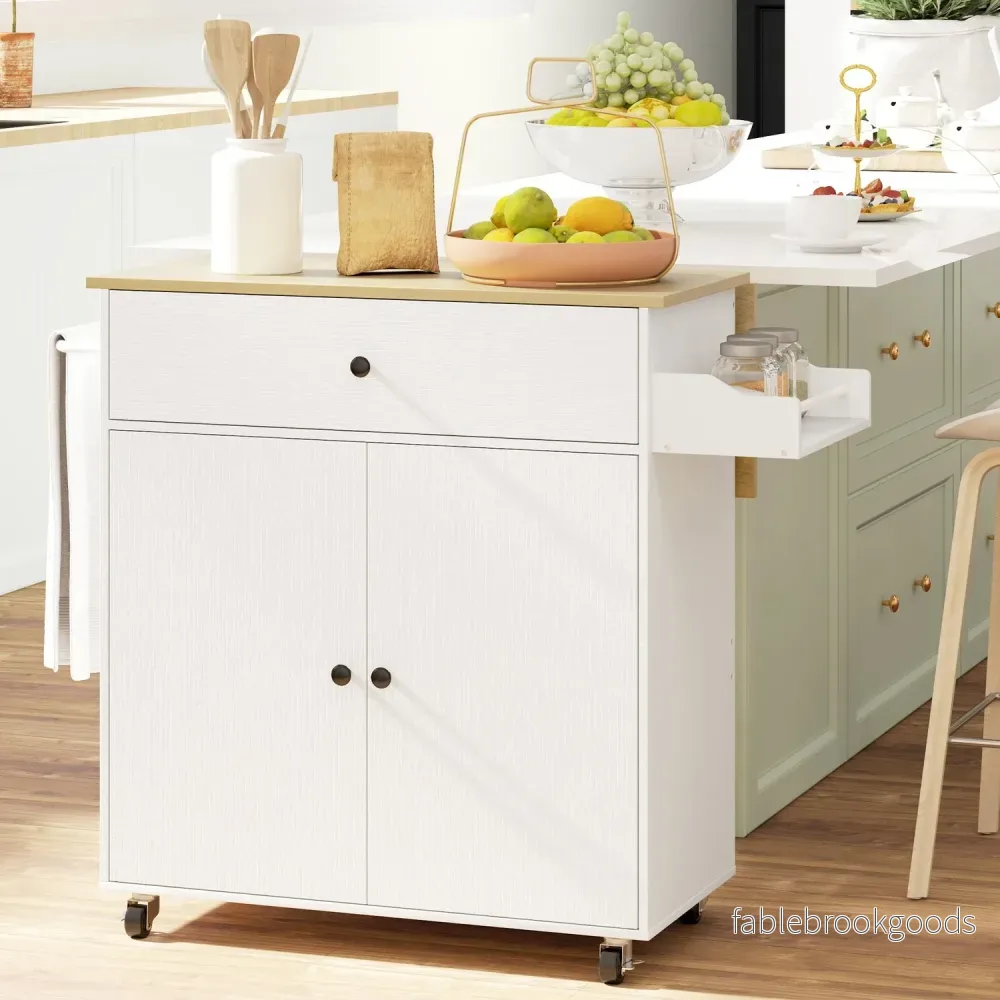 White Kitchen Island Trolley med hjul, kryddställ & förvaring - Bild 2