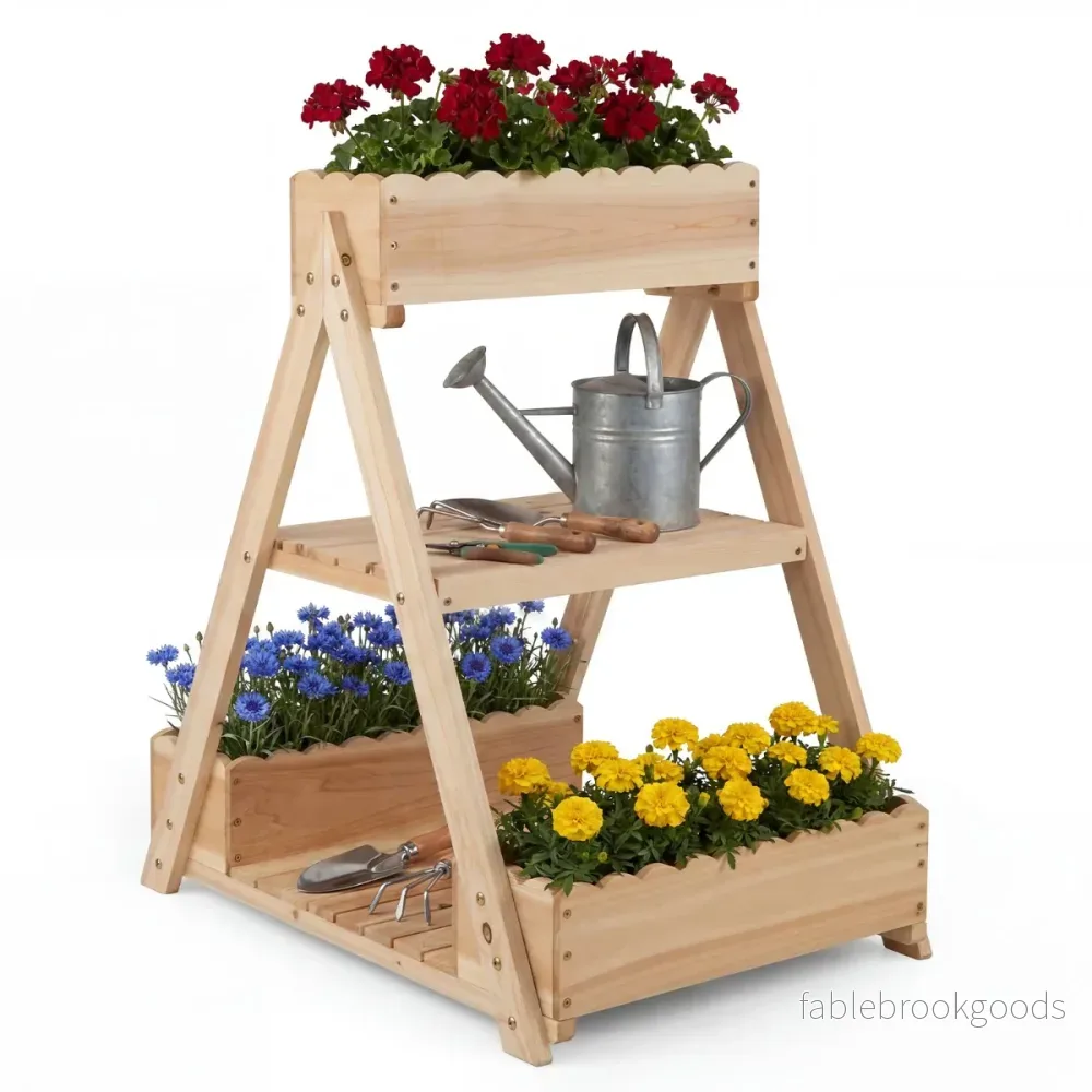 Högbädd – i trä med våningar, vertikal blombädd planteringslådor och hyllor – 3 3 2 – Natur - Bild 2