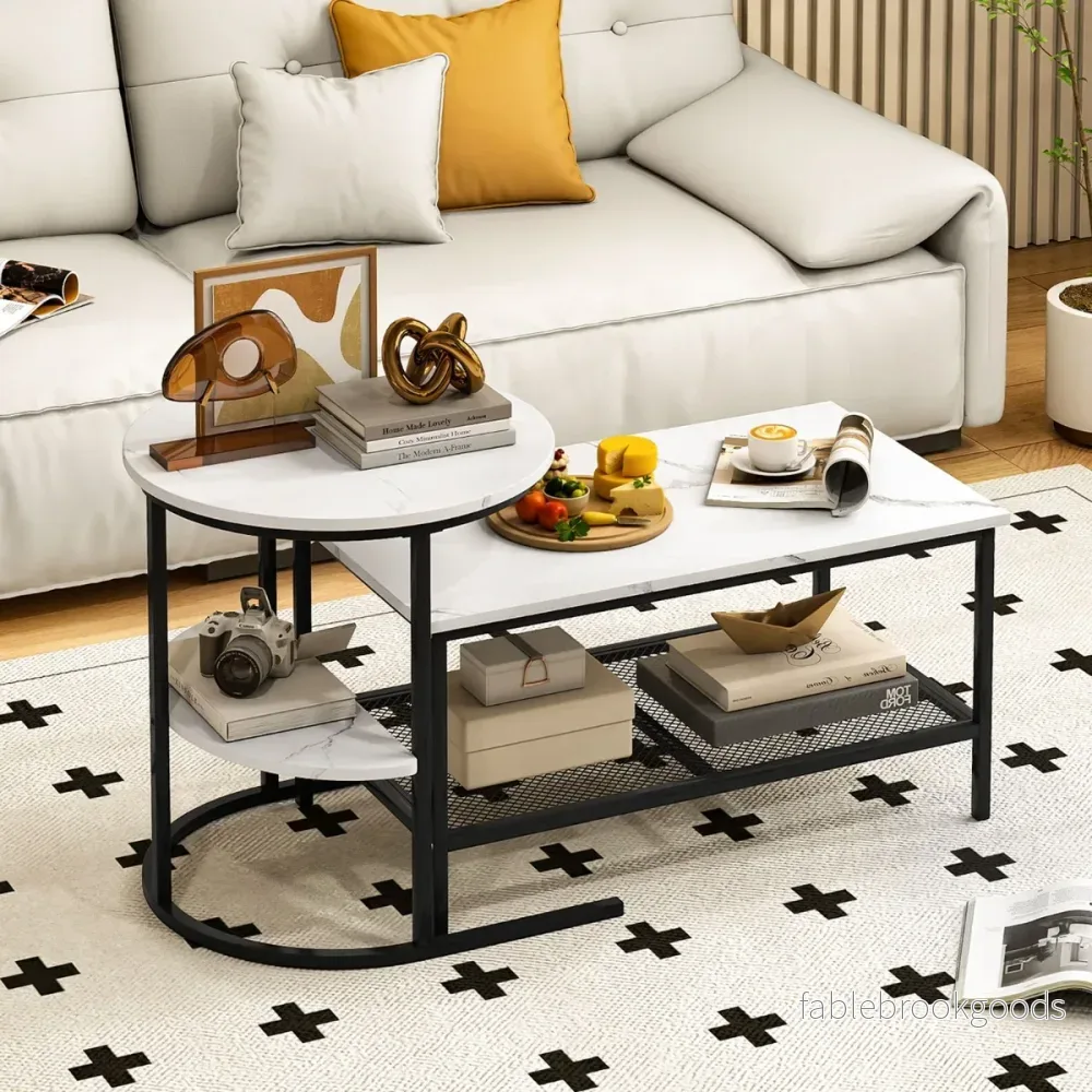 Kombinerbara – soffbord delat kaffebordsset med konstmarmorskiva – 2 – Svart och vit - Bild 2