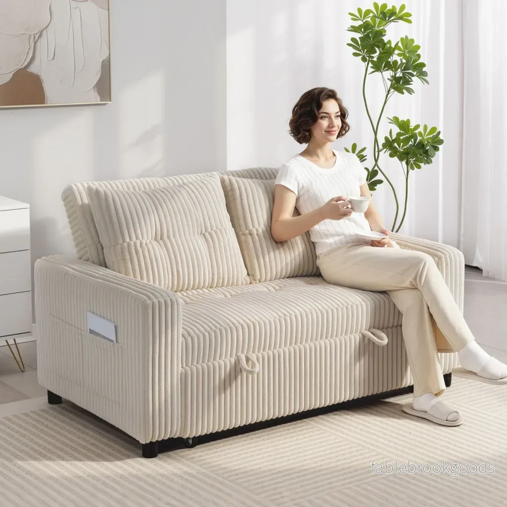 Konvertibel 2-sits bäddsoffa, manchestertyg, krämvit - Bild 2
