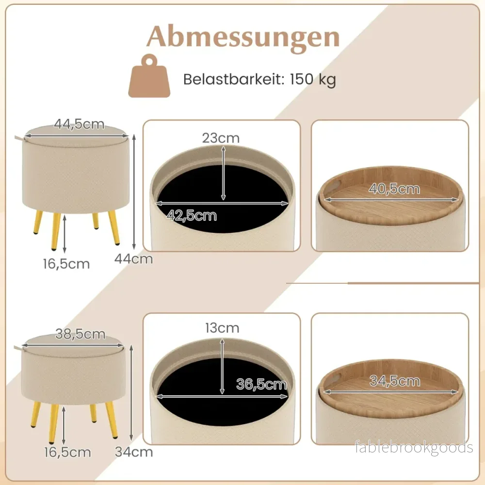 pack – ottoman med förvaringsutrymme, konstläder, rund fotpall fällbara brickor – 2 – Beige - Bild 2