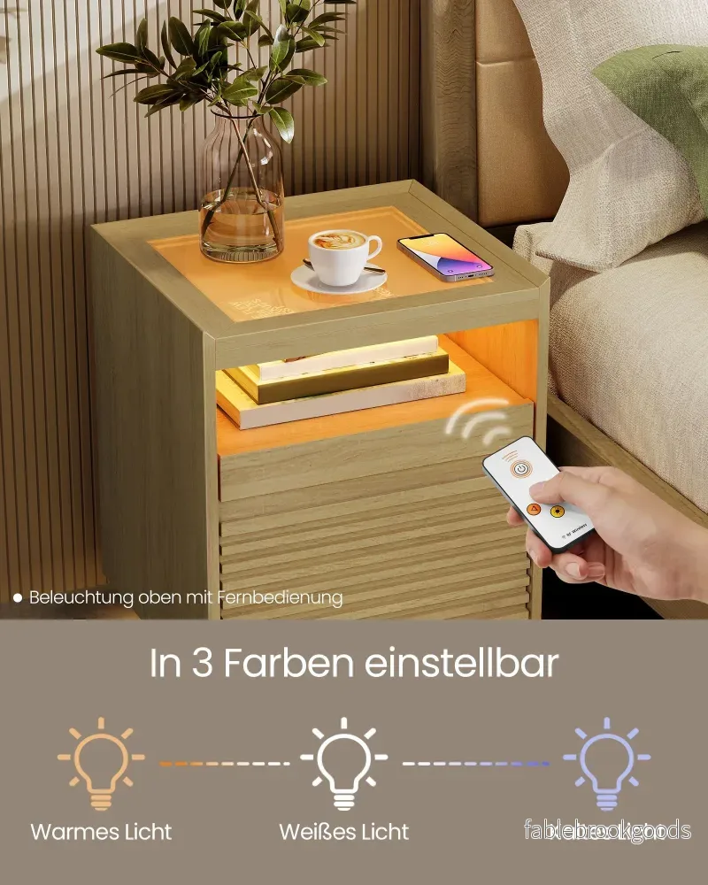 Sängbord med LED-belysning och utdragbar hylla i natur ek - Bild 3