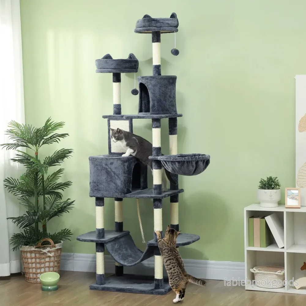 Kattträd 206 cm katttorn med grotta, 2 lekbollar, sisalstolpar, plattform för stora katter, mörkgrå - Bild 2