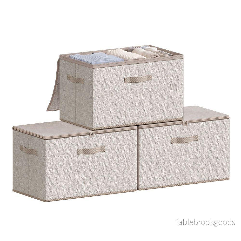 Opbergdozen – Set van 3 – Met Deksel – Linnenlook – Beige Opbergdozen – Set van 3 – Met Deksel – Linnenlook – Beige