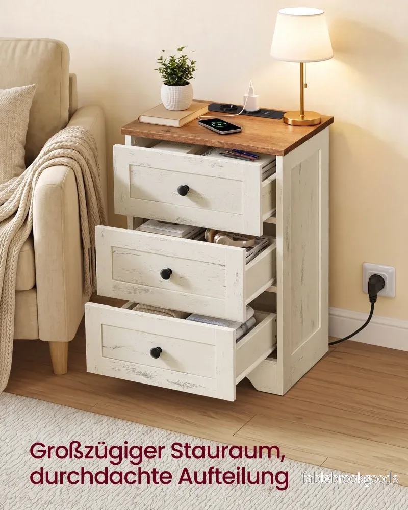 Nachtkastje - Met Stopcontact en USB - 2 Schuifladen - Wolkwit en warmbruin - 40 x 30 x 59 cm - Bild 3