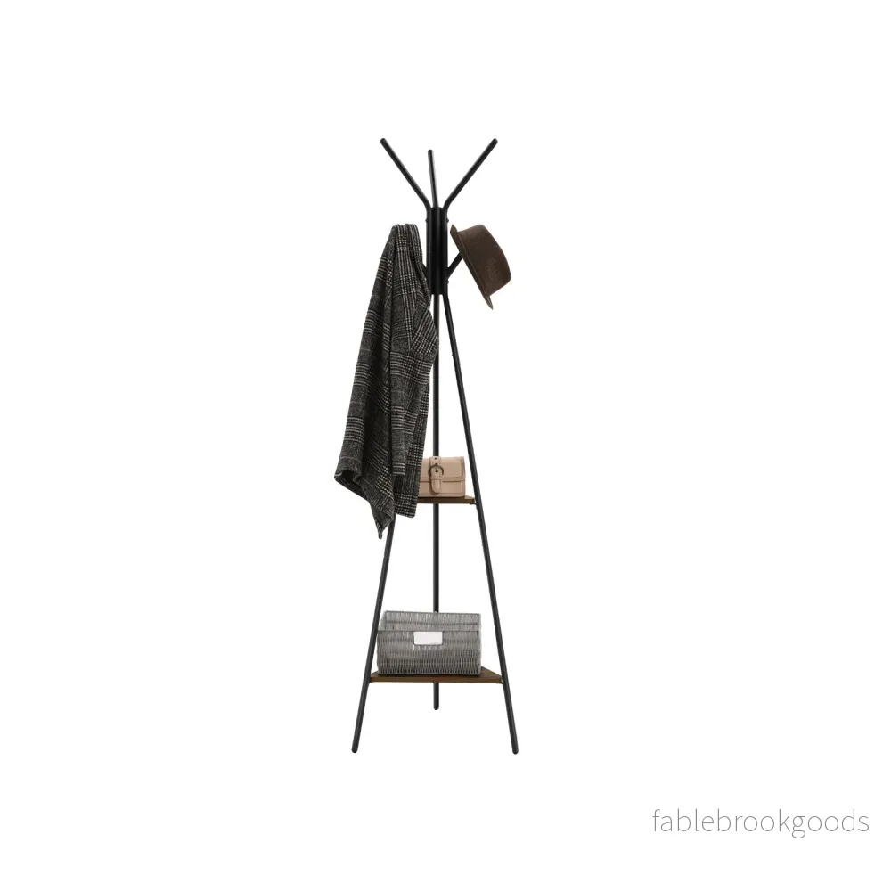 Klädhängare – industriell design – med 6 krokar och 2 hyllor – vintage brun-svart - Bild 2