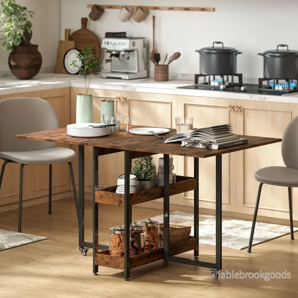 Fällbart matbord i industriell design, för upp till 4 personer, öppna hyllor, flexibel, metall, spånskiva, brun - Bild 2