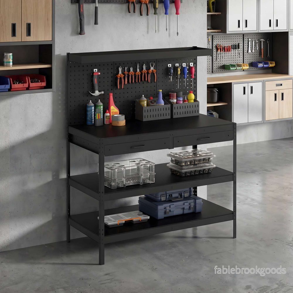 Justerbar arbetsbänk med hylsplatta och hyllplan, svart, 122x61x156 cm - Bild 2