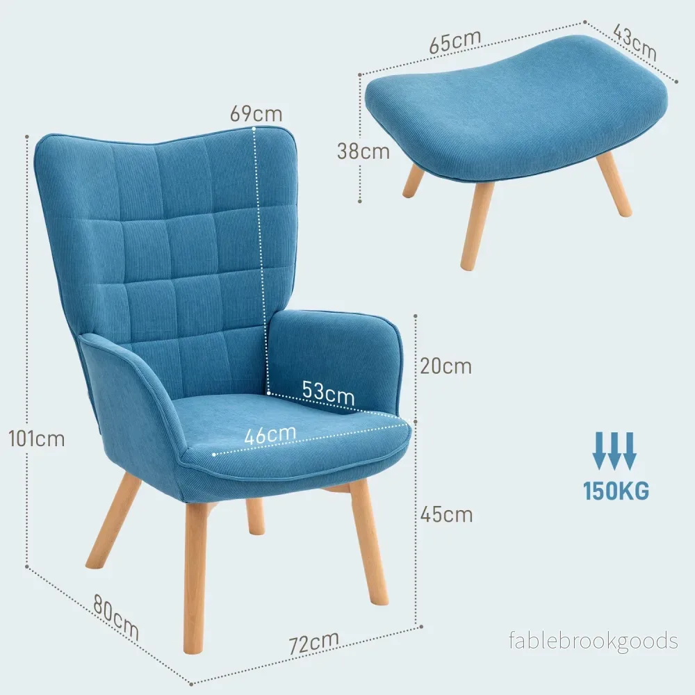 Blå manchester Wingback fåtölj med fotpall, tuftad design - Bild 3