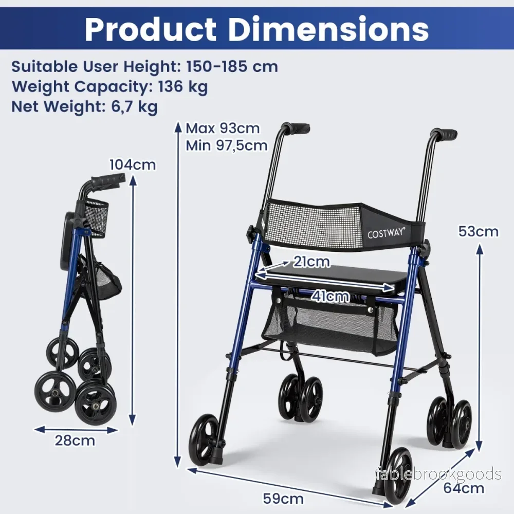Fällbar – Rollator Med Sits Väska väg Höjdjusterbar Lätt Hjul För Seniorer – 8 15 cm – Svart - Bild 3
