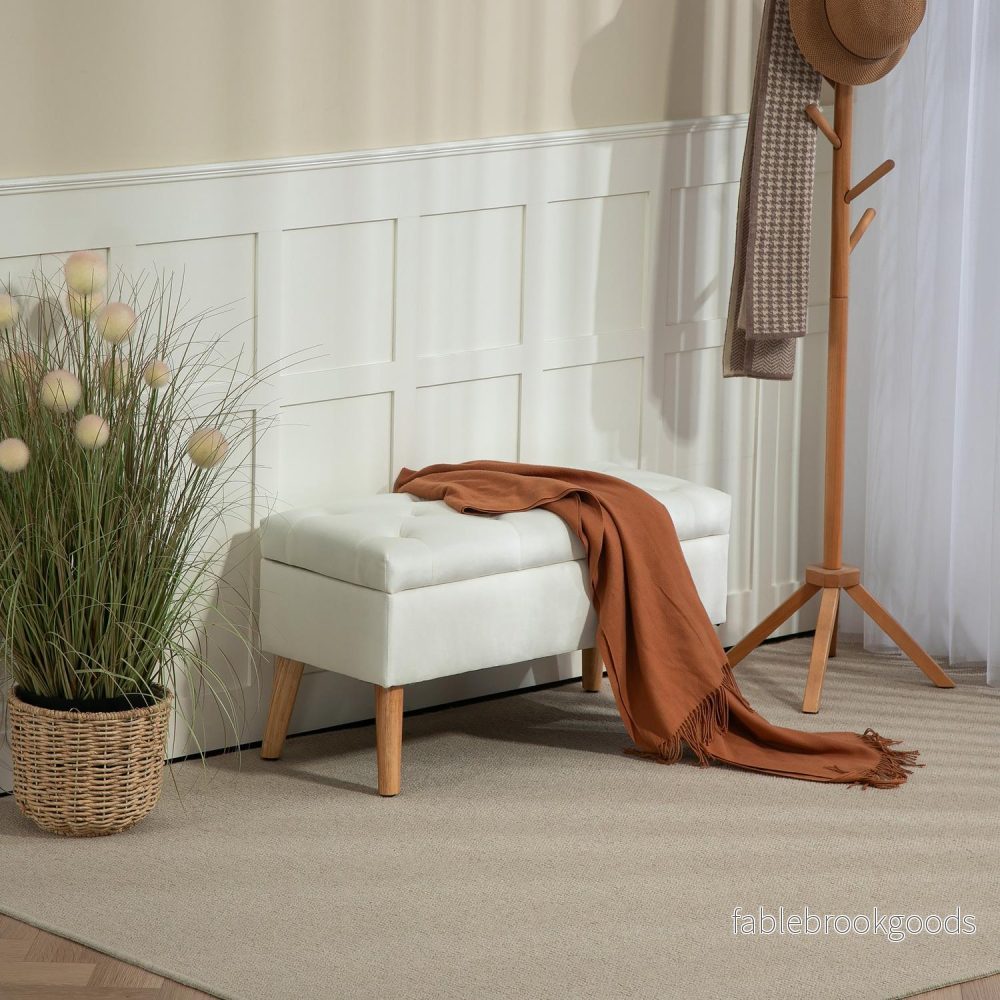 Klädd förvaringsbänk i sammetslook, 102x35x43 cm, Vit - Bild 2