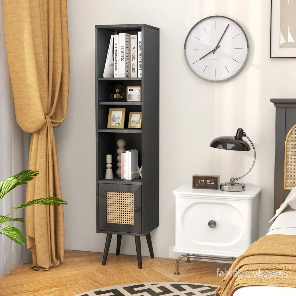 Rattanskåp – bokhylla med hyllor och rattandörr kommod Boho stil – 4 – Svart - Bild 3