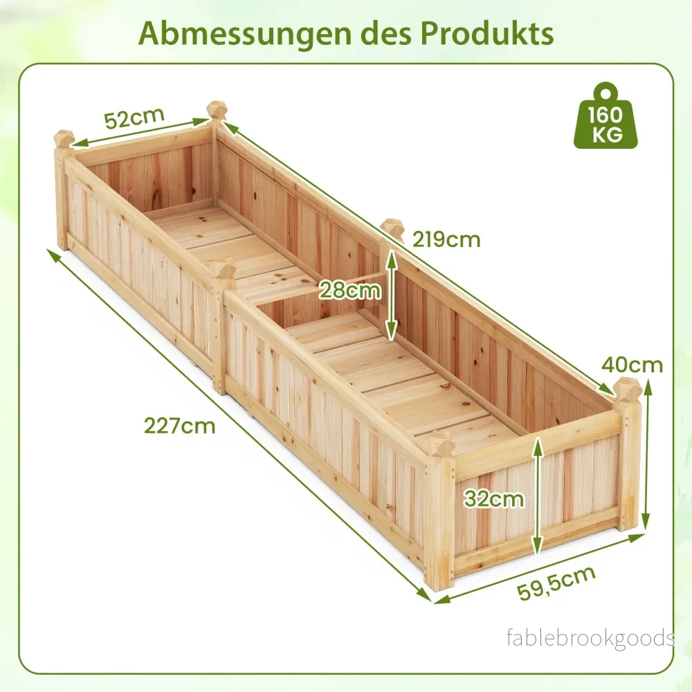 Blomlåda – Högbädd Trä Planteringslåda med Avskiljare Dräneringshål och Vävnadsfolie Trädgårdsbädd Planteringsbädd – 227 x 59,5 x 40 cm – Natur - Bild 2