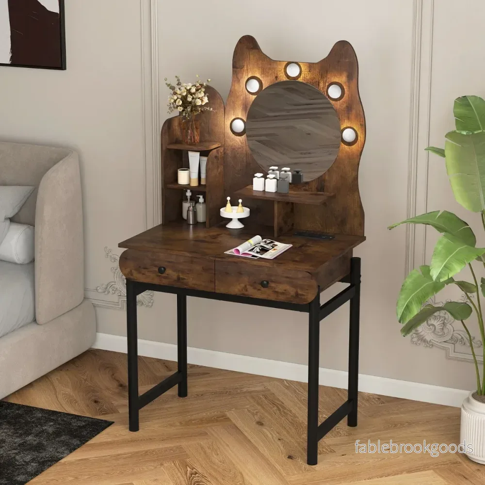 Sminkbord – i Kattform med Spegel och Belysning Låda Frisörbord – Brun - Bild 3