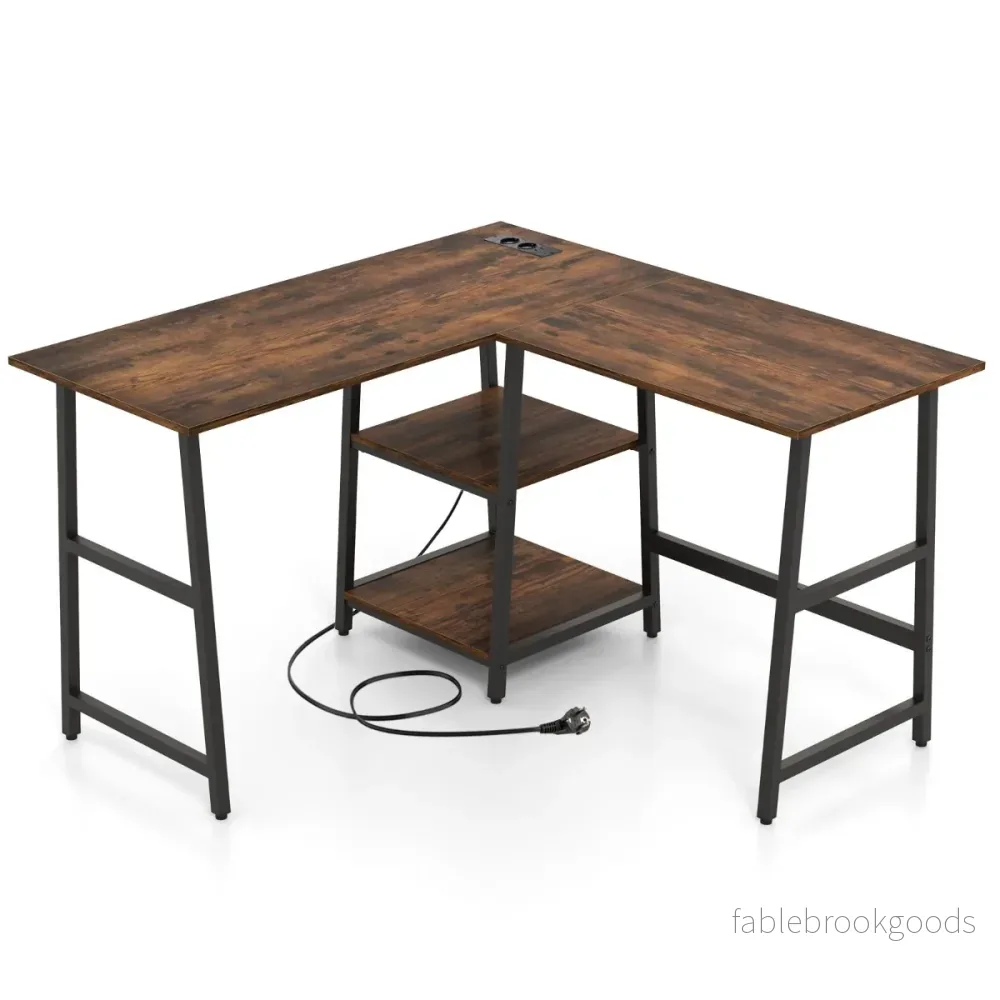 Skrivbord – L format med uttag och USB portar rustikt brunt – 120 x 120 x 75 cm – Rustik brun