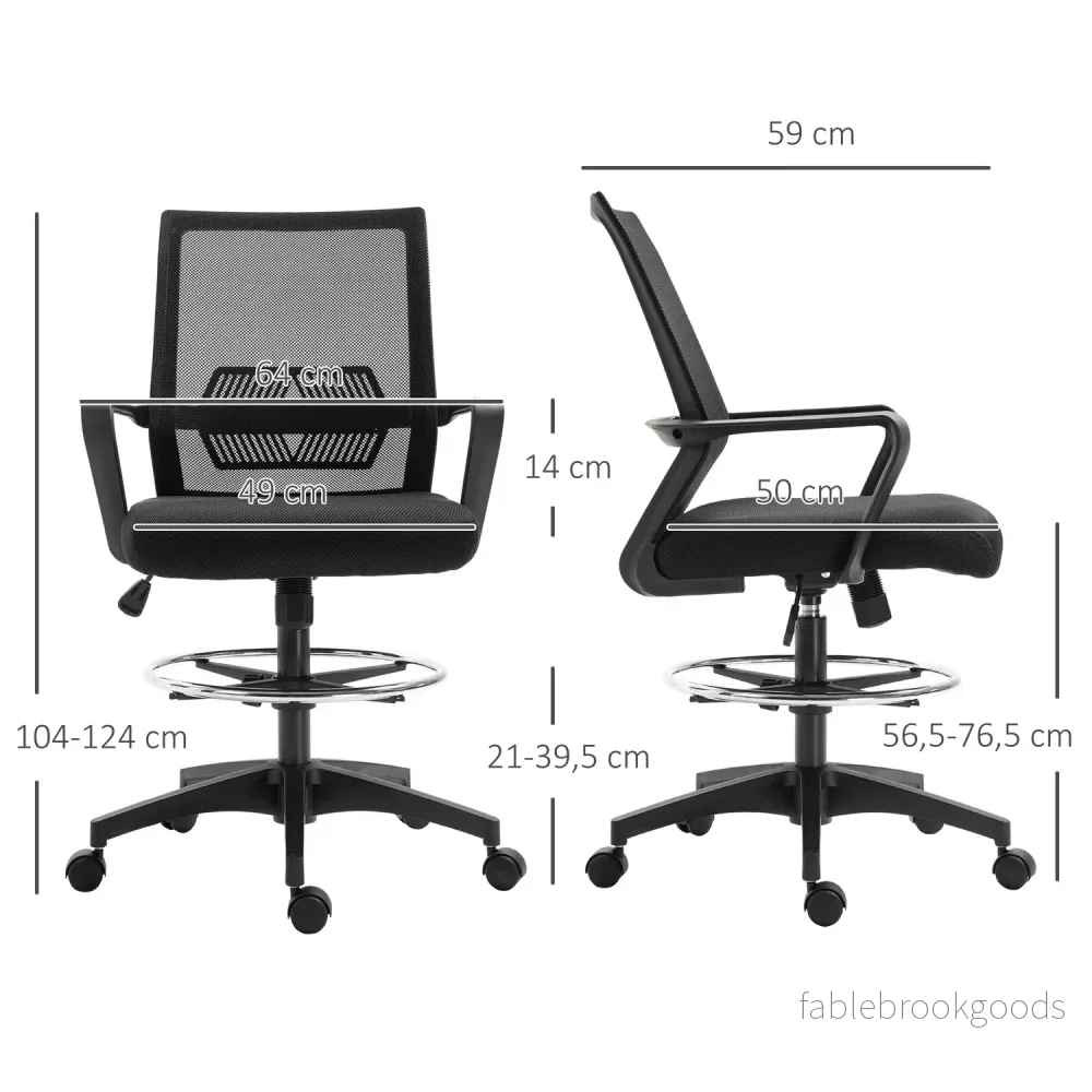 Kontorsstol, höj- och sänkbar skrivbordsstol med fotstöd, nätrygg, rullbar, plast, svart - Bild 3