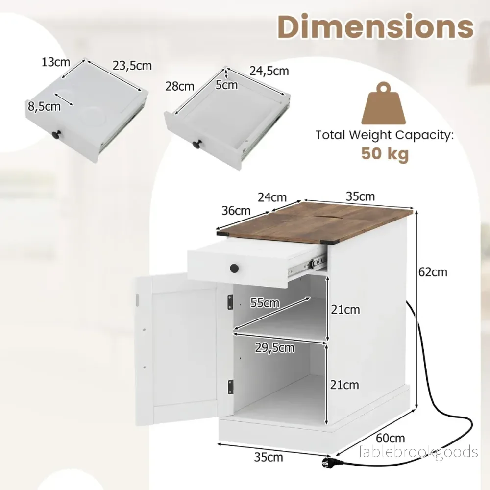 Sidobord – Sidoskåp med Laddningsstation Nattduksbord vikbar bordsyta Låda – Vit - Bild 2