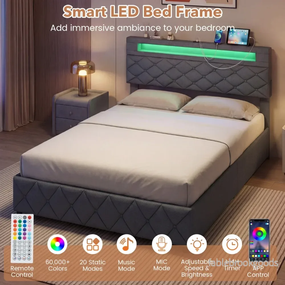 Dubbelsängsstomme – med LED belysning och USB anslutningar Modernt plattformssäng – 140 x 200 cm – Grå - Bild 3
