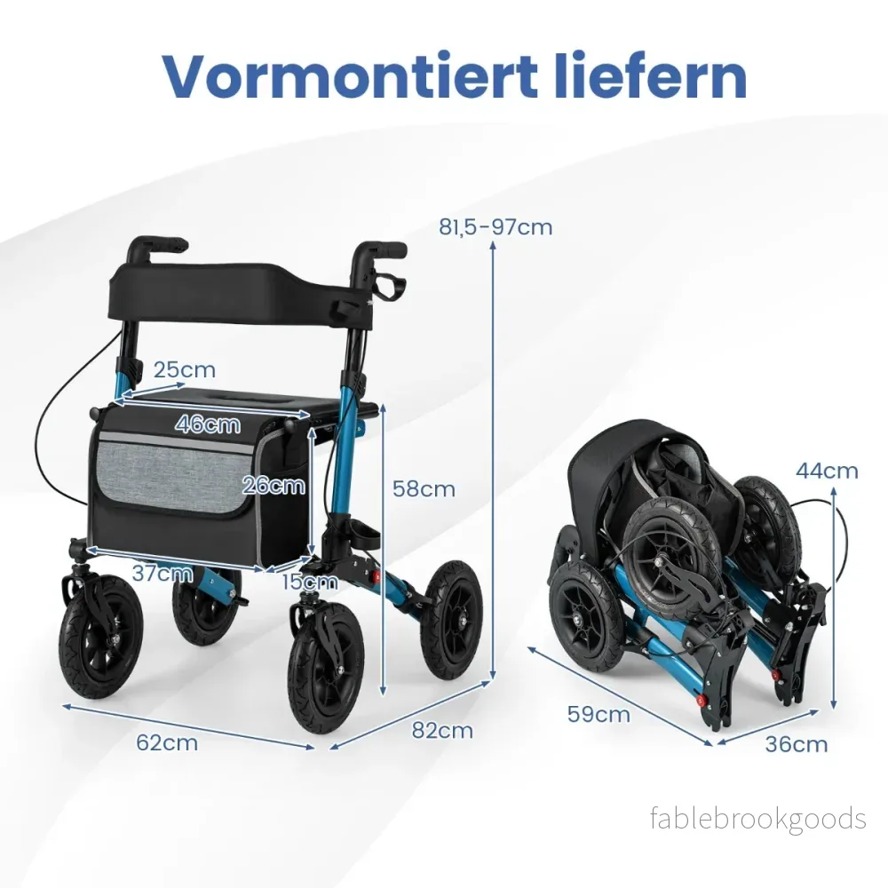 Fällbar – och lätt rollator med luftdäck sittplats i aluminium upp till i rullstol – 140 kg 2 1 – Blå - Bild 2