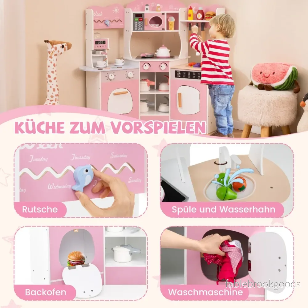 Hörnlekök – i trä med Ljud och Ljus Kaffemaskin Rutschkana Småbarnskök Lekset – Rosa - Bild 3