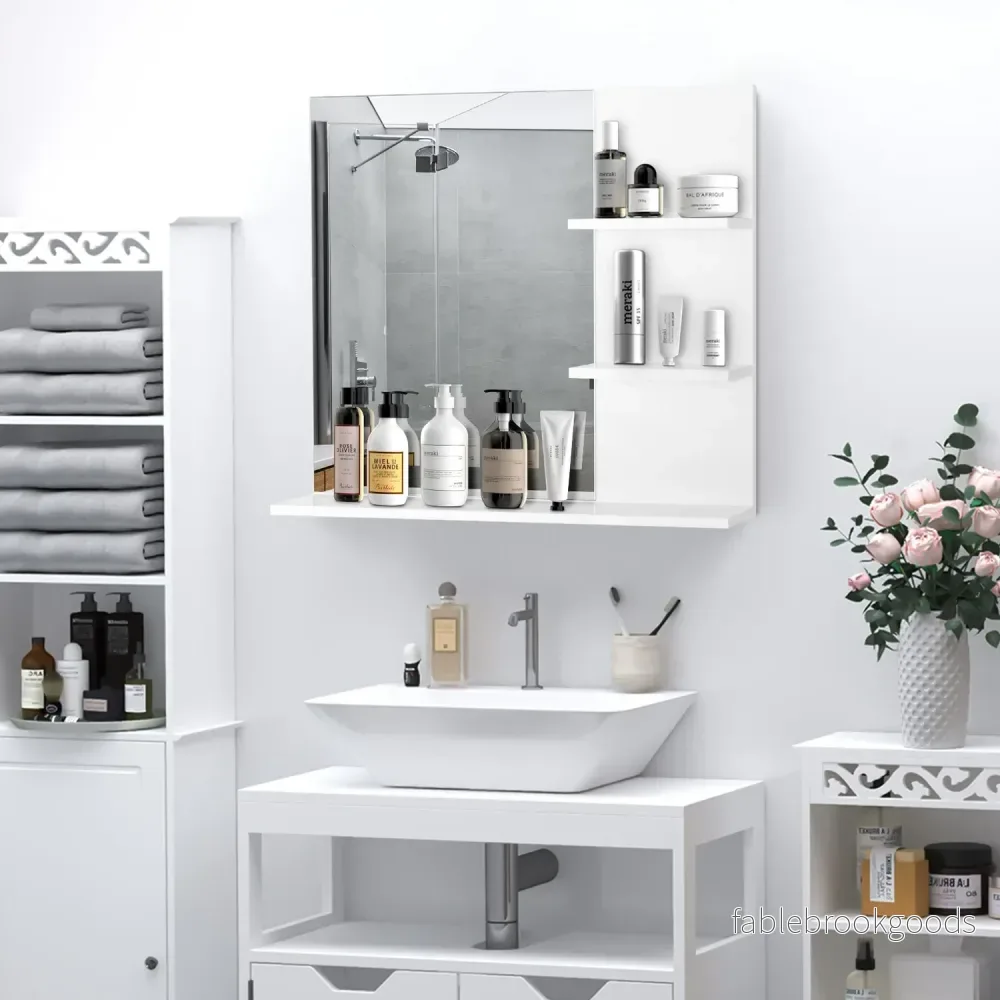 Badrumsväggspegel med 3 hyllplan, Vit MDF 60x10x48cm - Bild 2