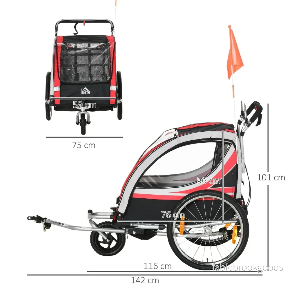 2-i-1 barncykelvagn med fjädring och broms, röd/svart - Bild 3