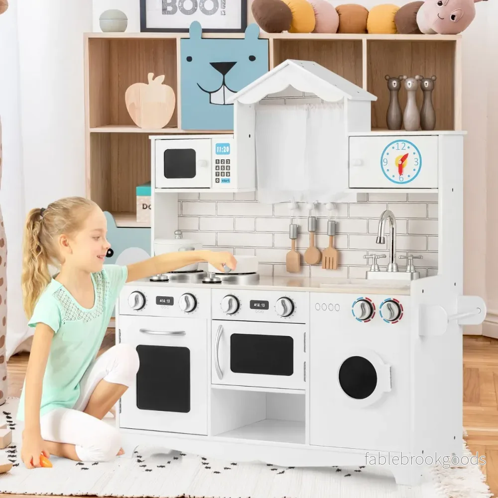 Barnkök – inklusive lektillbehör Lekkök med tvättmaskin och mikrovågsugn – 78 x 29 x 93 cm – Vit - Bild 3