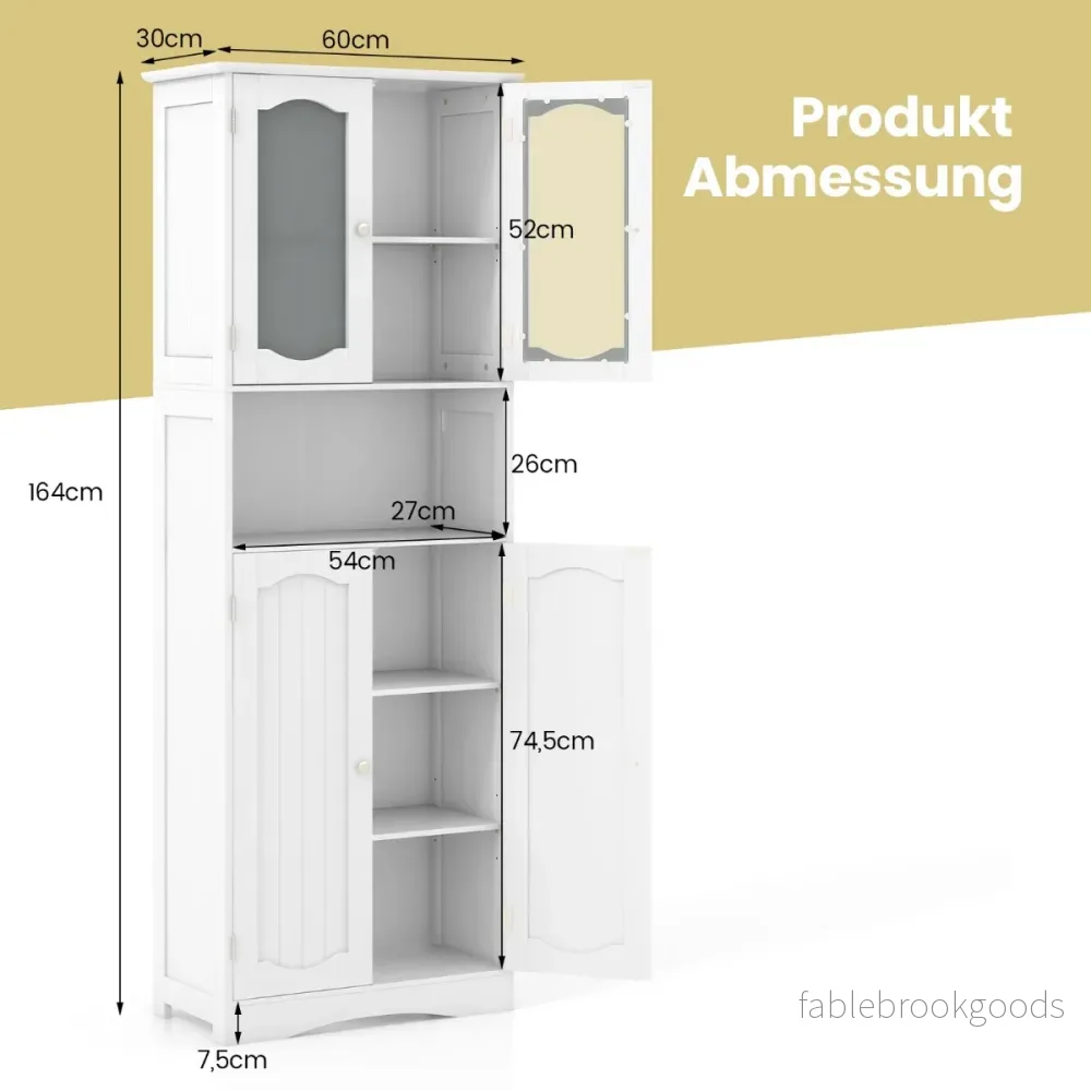 Badrumsskåp – Fristående Högskåp med dörrar och öppet fack – 4 60 x 30 x 164 cm – Vit - Bild 2