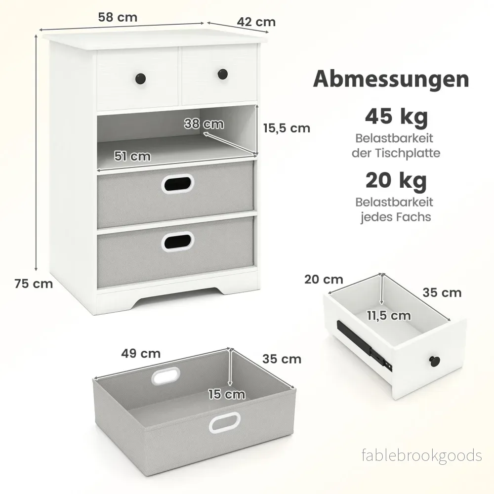 Byrå – med lådor öppna hyllor Nattduksbord – 4 58 x 42 x 75 cm – Vit - Bild 2
