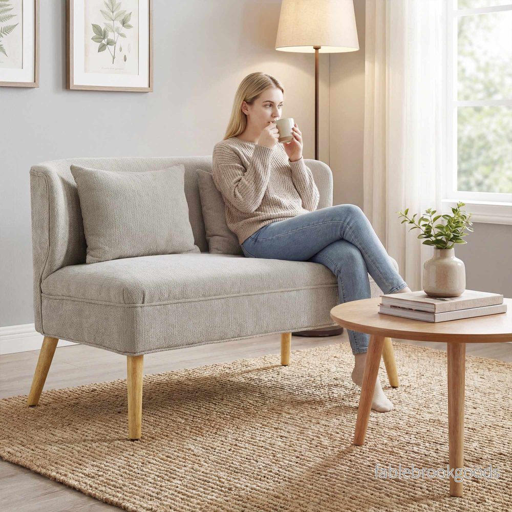 2-sits chenillesoffa, vingrygg, ben i gummiträ, beige - Bild 2