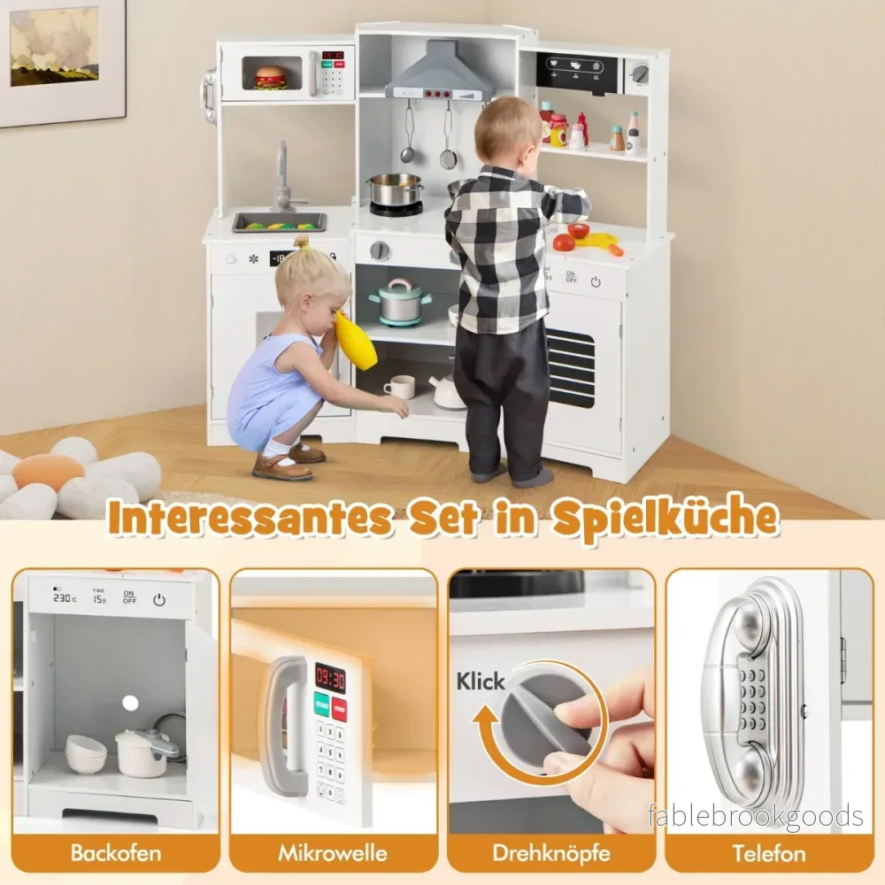 Lekkök – för barn med realistiska ljud och ljus Träleksaksset Matlagningsleksak – Vit - Bild 3