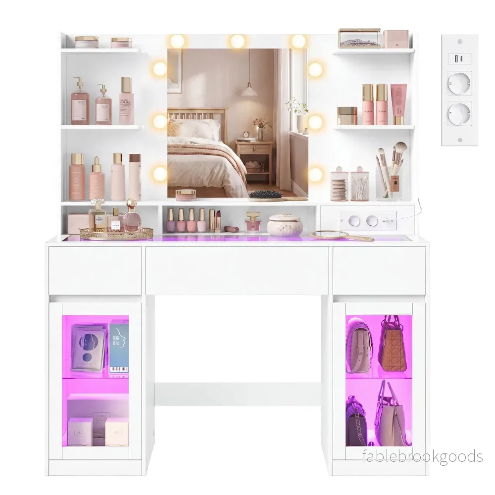 Kaptafel met Spiegel - RGB-Verlichting - Met Stopcontact - 2 Kastjes - Mat Wit