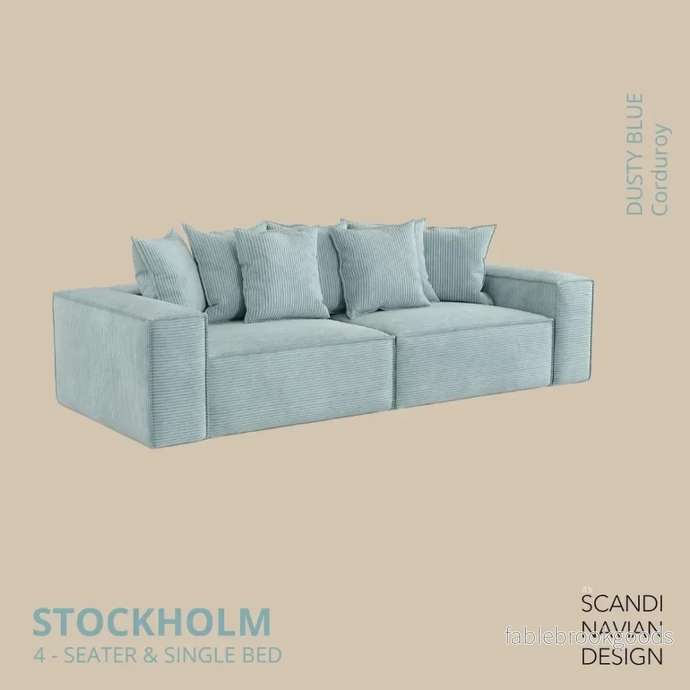 Stockholm 4-seater sofa/single bed Corduroy Dusty Blue removable & washable cover