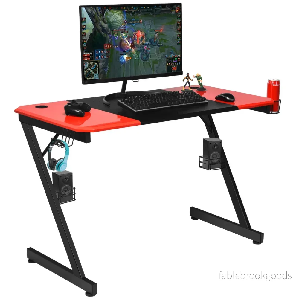 Z – format spelbord datorbord PC med mugghållare hörlurskrok och högtalarställ skrivbord /rött – Röd och svart - Bild 3