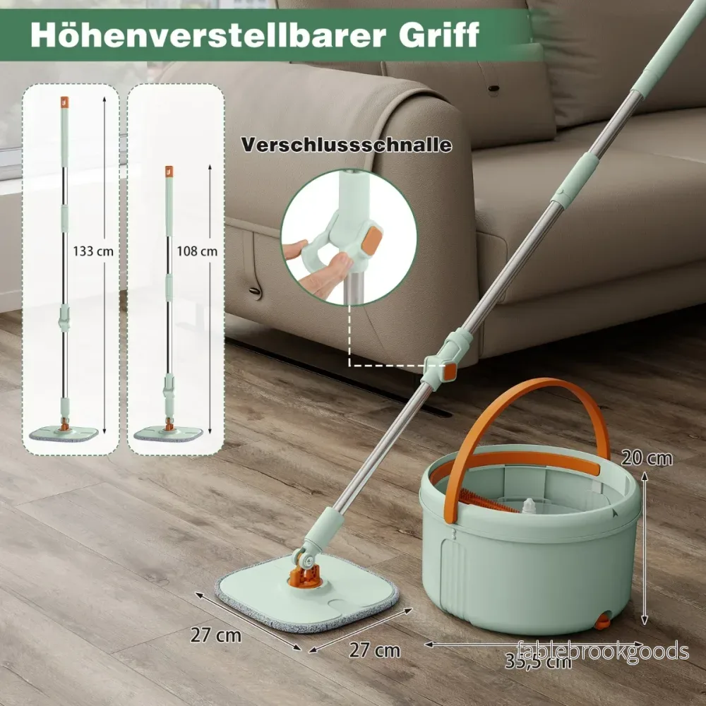 4L – mopp och hink med vridpress 360° vridbar huvud Platt – Grön - Bild 2