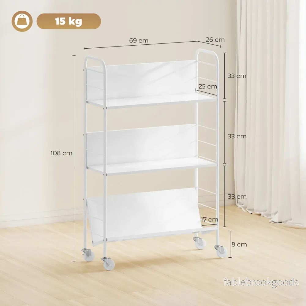 Rullande metallbokhylla med 3 våningar, 69x26x108 cm, vit - Bild 3