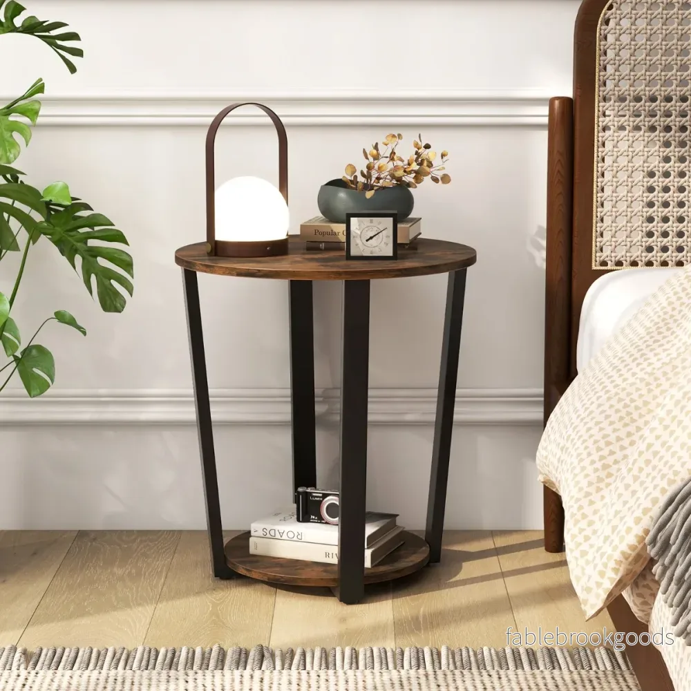 Runt – sidobord med öppen hylla och metallram vånings accentbord Soffa – 2 – Rustik brun - Bild 3
