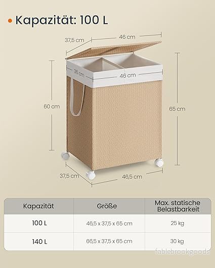 Tvättkorg 100 L med 2 fack och hjul naturligt beige mattvitt - Bild 3