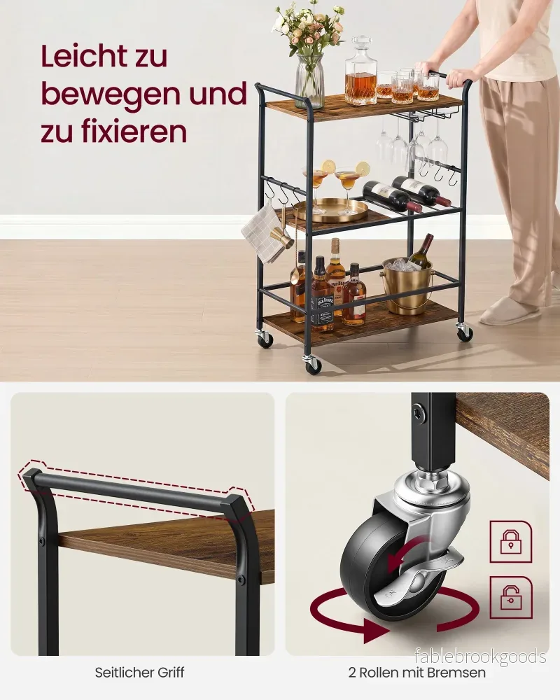 Serveerwagen - Met Wijnrek en Glashouder - Industrieel Design - Rustiek bruin-matzwart - 64,5 x 32 x 85,5 cm - Bild 3