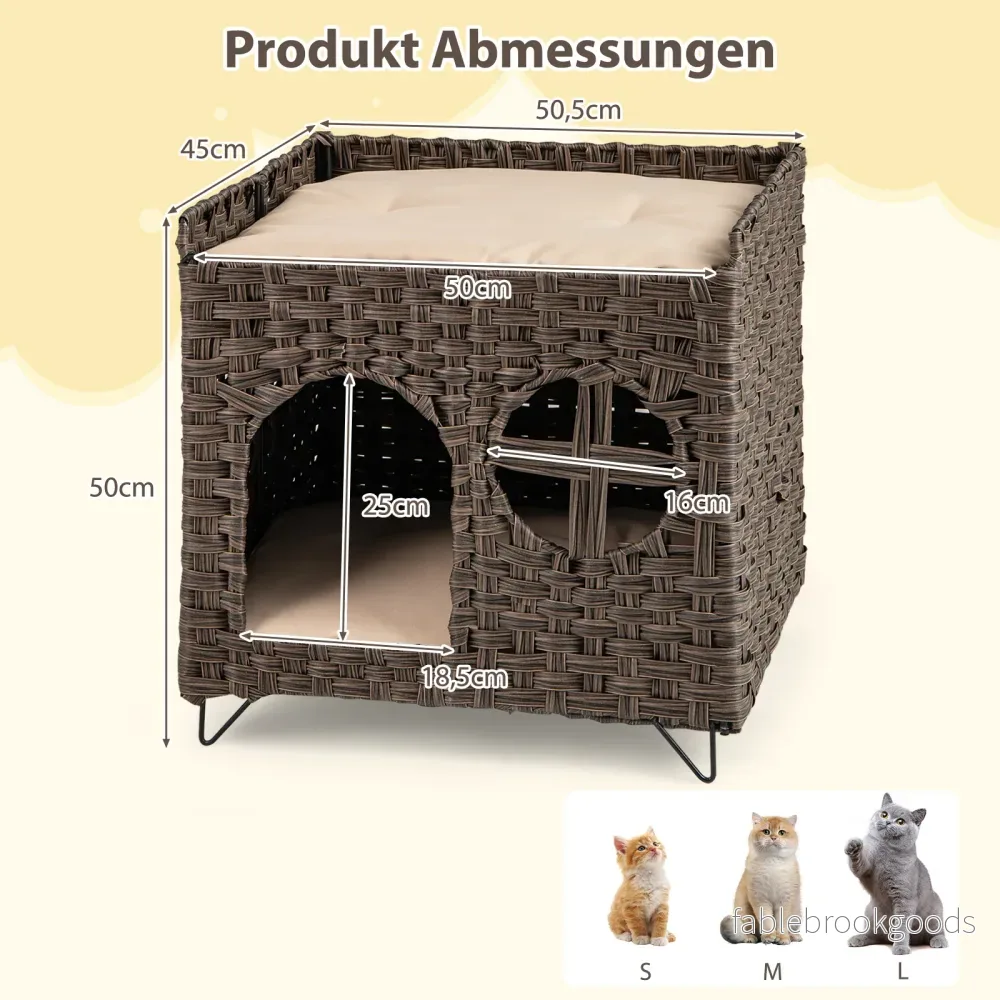 Katt – hus av PE Rattan Fällbar våningar säng med stor sittpinne avtagbara kuddar – 2 50,5 x 45 x 50 cm – Brun - Bild 2
