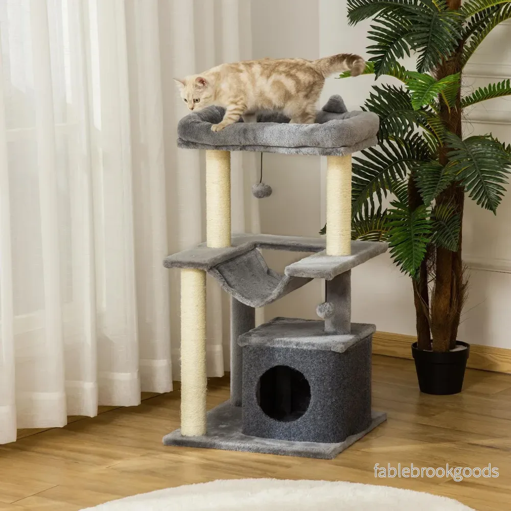 Kattklätterträd med hängmatta, plysch sisal, 90 cm, grå - Bild 2