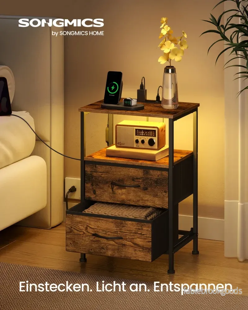 Nachtkastje - Ledverlichting - Met Oplaadstation - 2 Lades - Vintage Bruin-Zwart - Bild 2