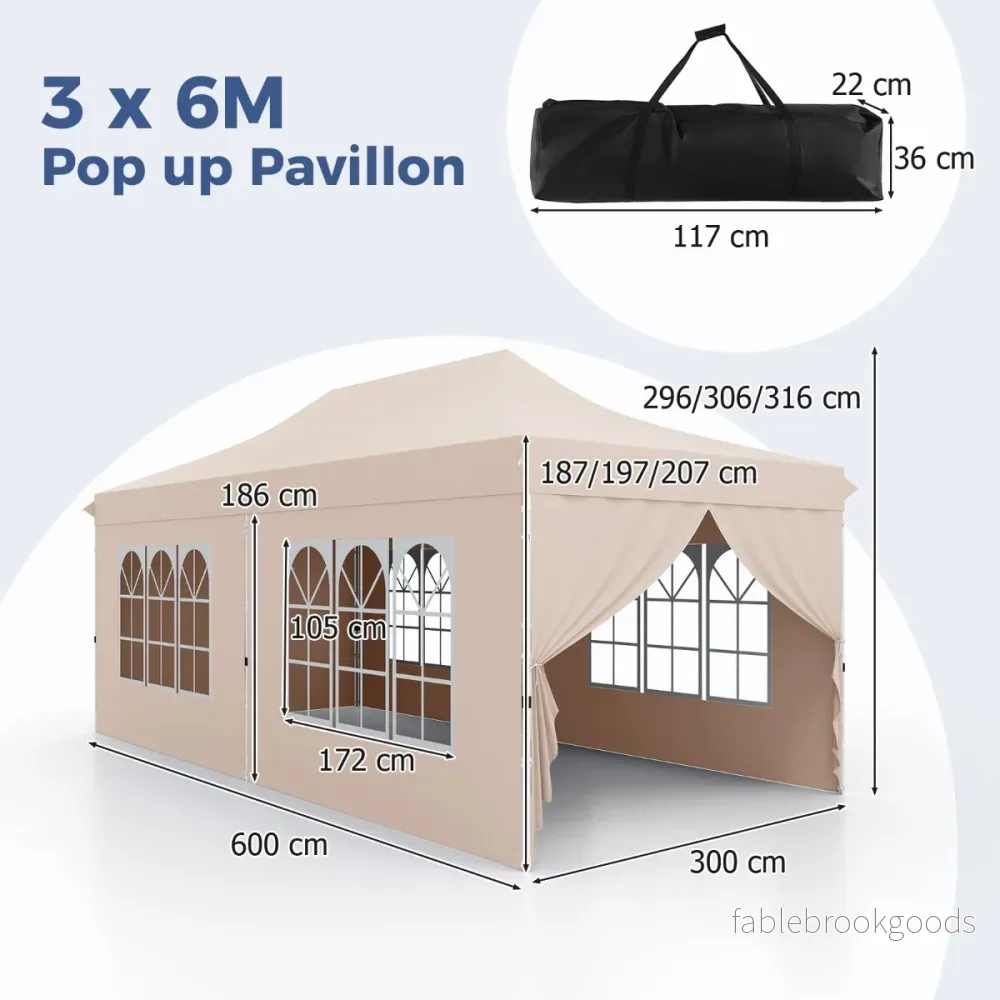 Paviljong, – hopfällbar med avtagbara sidoväggar och sandsäckar – 6 3 x 6 m – Beige - Bild 2