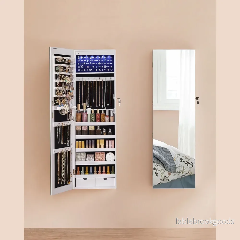 Smyckesskåp – Hängspegel med LED-belysning – Vit - Bild 3