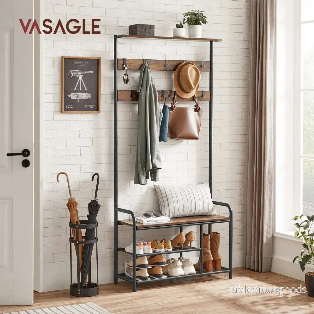 Klädhängare med bänk – vintage brun-svart - Bild 2