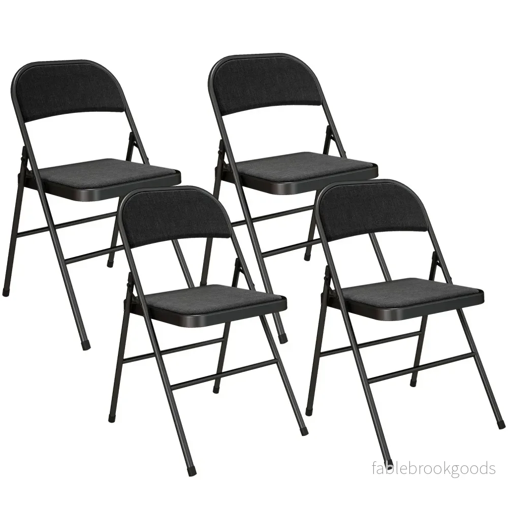 Set med 4 hopfällbara stolar, bärbara kontorsstolar, metallben, hopfällbar stol för kontor, reception, väntrum, linnelook, svart